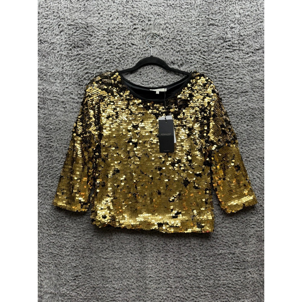 NWT Koralline Logo Sequin‎ Italian 3/4 Sleeve T-Shirt Gold Womens Size 42